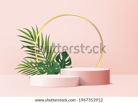 3d background summer product display podium scene with green leaf geometric platform. background vector 3d render with podium. stand cosmetic product summer. Stage on pedestal display pink 3d summer
