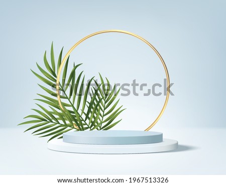 3d background product display podium scene with green leaf geometric platform. background vector 3d render with podium. stand to show cosmetic product. Stage showcase pedestal display 3d blue summer