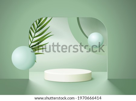 3d background products display podium scene with green leaf geometric platform. background vector 3d render with podium. stand to show cosmetic product. Stage showcase on pedestal display green studio