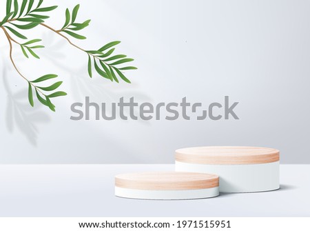 stage 3d gray white background product display podium scene with leaf platform. grey background vector 3d rendering with podium. summer stage white cosmetic product. 3d stage on pedestal display white