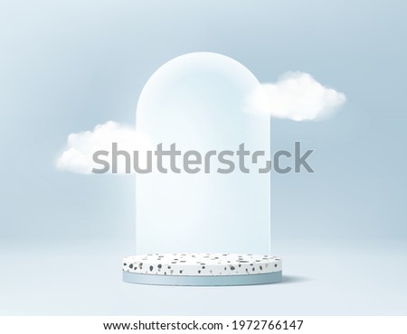 3d minimal stage background product display podium scene with cloud platform. cloud background vector 3d render with podium. stage cloud 3d minimal to show product. Stage display rendering blue studio