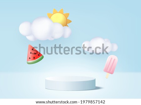 3d summer blu background product display podium scene with cloud platform. background summer vector 3d render with sun, ice cream, watermelon on podium. 3d stand show cosmetic product display blue