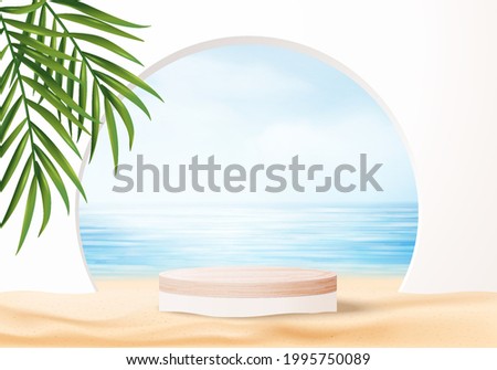 3d summer background product display platform scene with sea beach platform. sky cloud summer background vector 3d render on the ocean display. Wood podium on sand beige cosmetic product display stand