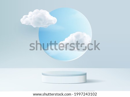 Cloud background vector 3d blue rendering with podium scene, minimal product display background cloud 3d rendered geometric shape sky cloud blue pastel. Stage 3d render product in platform background