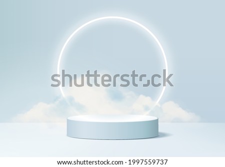 cloud background vector 3d blue render with podium and iceberg scene, minimal product display iceberg background 3d render neon sky cloud blue podium. Stage 3d cloud render product in podium platform