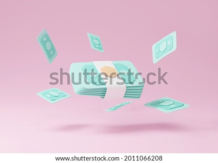 3D money banknote transfer on pink background, banknote on pink background, banknote 3d online payment and payment transfer. 3d holding render for business, bank transfer, finance, investment, money
