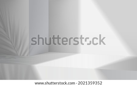 3d gray stage background product display podium scene with leaf platform. grey background vector 3d render with podium. stand to show cosmetic product. 3d Stage showcase on display white background