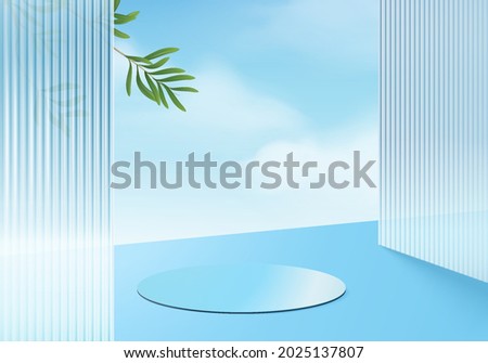 3d blue background product display podium scene with cloud geometric platform. cloud background vector 3d render with blue podium. stand to show cosmetic product. Stage on pedestal display blue podium