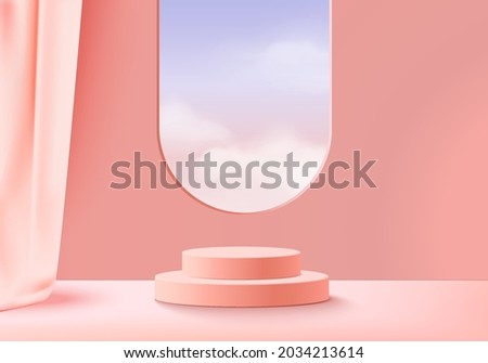 3d background products display podium scene with cloud sky geometric platform. background vector 3d rendering with podium. stand to show cosmetic product. Stage showcase on pedestal display pink cloud