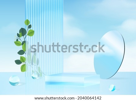 Background product vector 3d blue rendering with podium minimal cloud scene, minimal product display background 3d render sky cloud blue pastel. Stage 3d render product in cloud background platform