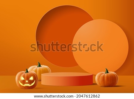Halloween 3d minimal scene with podium platform. Halloween background vector 3d rendering with pumpkin podium. stand to show products. 3d halloween stage showcase on orange pumpkin pastel
