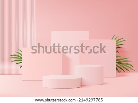 3d background products display podium scene with green leaf geometric platform. background vector 3d render with podium. stand to show cosmetic product. Stage showcase on pedestal display pink studio ストックフォト © 