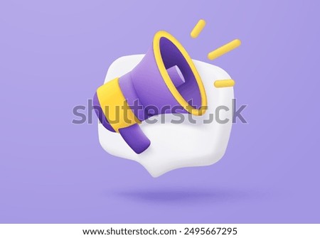 3d megaphone speaker or loudspeaker bullhorn for announce promotion in background, megaphone loud hailer with microphone, speakerphone 3d icon vector render illustration for alert and announcement 