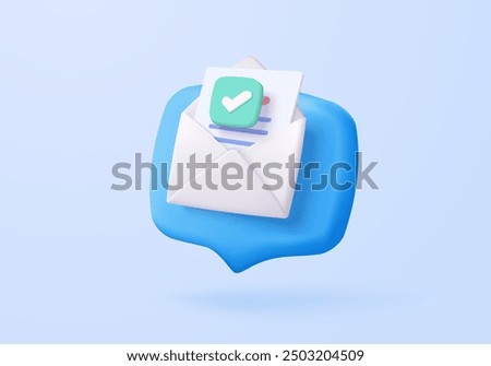 3d mail envelope icon with contact sheet on pastel background. Minimal email letter with letter paper read concept. 3d mail address with message icon vector render illustration