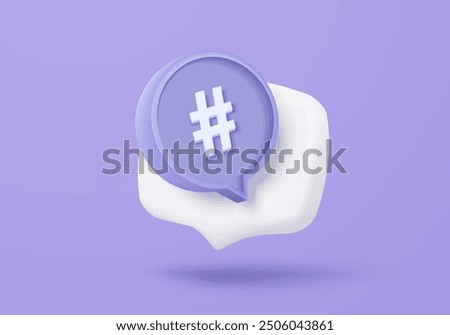 3D hashtag search link symbol on social media notification in speech icon. Comments thread mention or follow sign with social media. 3d hashtag buttons icon vector render illustration