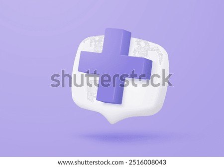 3d purple plus sign icon on speech bubble .First aid and health care with minimal. Medical symbol of emergency help. Hospital and medical diagnostics. 3d assistance icon vector render illustration