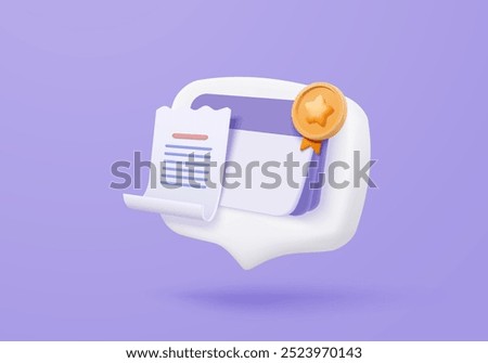 3d bank account book quality guarantee, financial champion award, passbook with medal, fund transfer, banking payment receipt innovation. 3d bank accounting icon vector render illustration