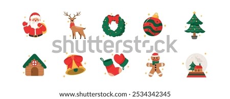 Christmas Element Set, Christmas Collection, Christmas icons, including Santa, reindeer, wreath, ornaments, and more holiday elements, perfect for seasonal designs and celebrations.