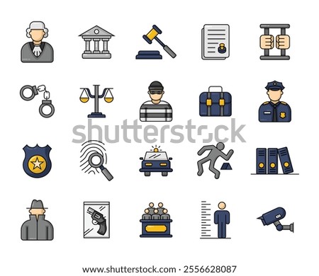 Law Filled Line Icon, Law and Justice Icons Featuring Judge and Police Elements