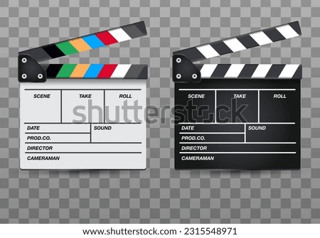 3d Realistic movie clapper board set closeup isolated on transparent background. Design template of clapperboard, slapstick, filmmaking device. Eps 10 vector illustration.