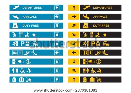 Airport sign departure arrival travel icon. Airport navigation design signboard set. Airport board airline sign, departures, arrivals, check in, baggage information. Eps10 vector illustration.