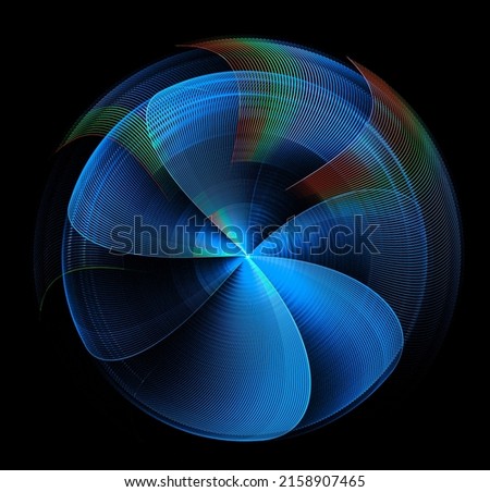The blue arcuate striped blades of an abstract propeller, with red and green accents, rotate on a black background. Icon, logo, symbol, sign. 3d rendering. 3d illustration. 商業照片 © 