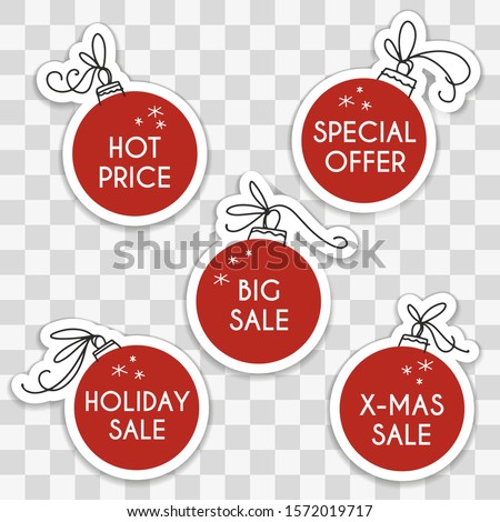 Christmas sale, special offer, hot price sticker set. Advertisement, promotional label design with red ornament bauble. Vector stock images for Holiday shop, product decorations. 