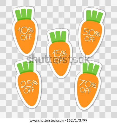 Easter sale sticker label carrot vector design with percents off numbers text. Orange and green vegetable clipart for spring  christian holiday promotion in shop or market.
