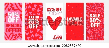 Valentines day vector flyer template set with 50% sale and discount special offers. Colourful backgrounds in red and pink with doodle hearts and love phrases for February holiday shop promotion. Foto stock © 