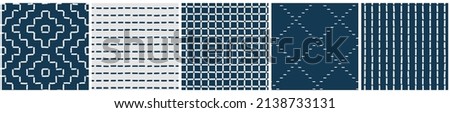Japanese sashiko embroidery seamless pattern set. Navy and off-white vector repeat designs for textile, wrapping or poster background. Traditional geometric, diamond and line stitching ornaments.