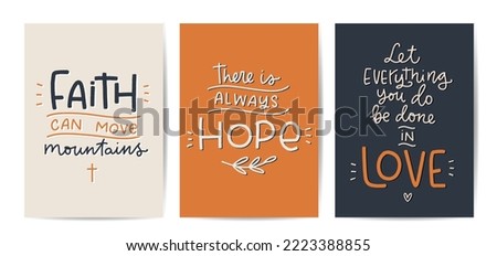 Christian short inspirational quotes set. Different Bible verses about faith, hope and love for church decor, cards, stickers or t-shirt print. Popular religious phrases collection.