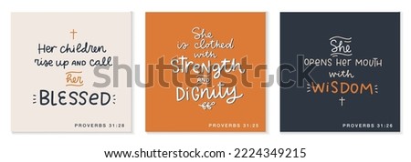 Christian mother quotes set. Different short Proverbs 31 Bible verses about motherhood, wisdom, strength and dignity for Mother's day church decor, cards, stickers.