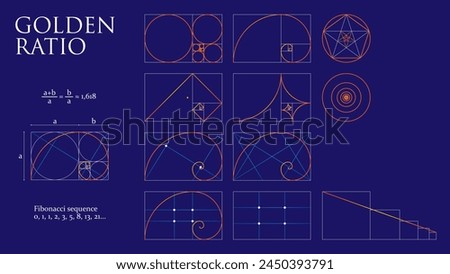 Golden ratio proportions, composition balance. Vector set of geometric shapes, divine Universal meanings. Spiral, grid, fibonacci array for aesthetically pleasing harmony in art, design, architectu