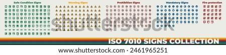 International set signs symbols ISO 7010. Used in industrial applications public buildings. Prohibited, Mandatory, Warning, Fire, Safe, First Aid. Print stickers posters, books and more