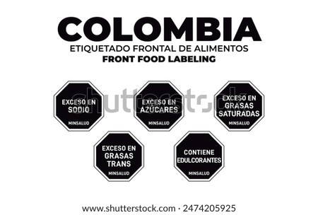 Colombia. Nutrition warning stamp system. Front food labeling. Octagons. Excess sugars, total fats, saturated fats, sodium, calories, sweeteners, caffeine.