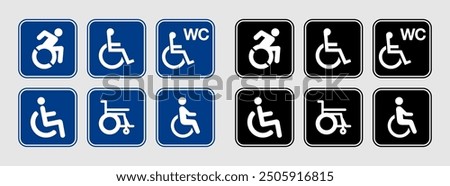 Wheelchair flat icon set on blue and black background. Editable file to print for accessible areas, parking, stickers, printing on fabrics.