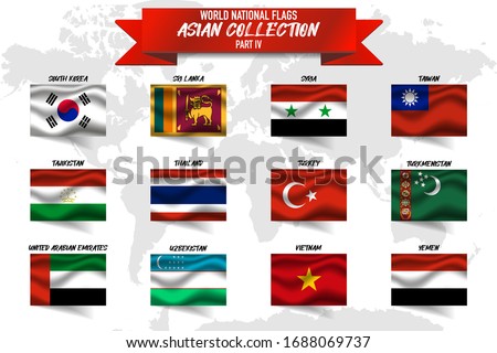 Set of realistic official world national flags, waving edition. isolated on map background. Objects, icons and symbol for logo, design. Asian Collection. Syria, Taiwan, Vietnam, Thailand, Yemen