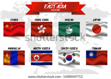 Set of realistic official world national flags, waving edition. isolated on map background. Objects, icons and symbol for logo, design. Asian Collection. China, Hong Kong, Macau, Japan