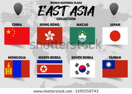 Set of realistic official world national flags, waving edition. isolated on map background. Objects, icons and symbol for logo, design. Asian Collection. China, Hong Kong, Macau, Japan