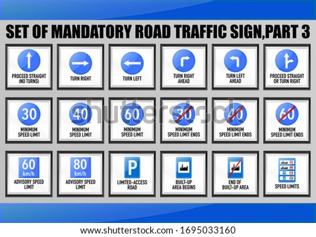 Set of warning, notification, mandatory, prohibition, priority road traffic sign for education, learning for driving license courses. proceed straight, turn right, minimum speed limit, ahead, built-up