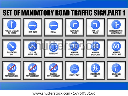 Set of warning, notification, mandatory, prohibition, priority road traffic sign for education, learning for driving license courses. Turn right, left, straight, roundabout, speed limit,pedestrians