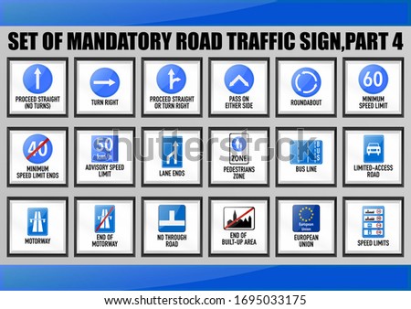 Set of warning, notification, mandatory, prohibition, priority road traffic sign for education, learning for driving license courses. Proceed straight, right, left, roundabout; speed limit, zone