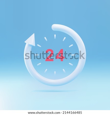 3d 24 hours watch with arrow. Support service, time, working hours, delivery concept. Vector illustration.