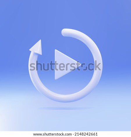3d Video play button like simple replay icon isolated on blue background. Vector illustration.