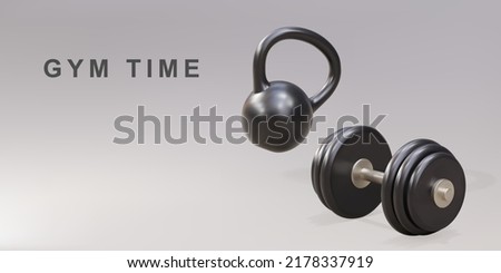 3d kettlebell and dumbbell - gym time concept. Vector illustration.