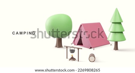 3d realistic Summer camp in forest with tent and bonfire. Vector illustration.