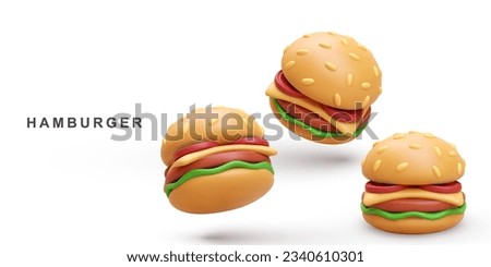 3d realistic three Hamburger on white background. Vector illustration.