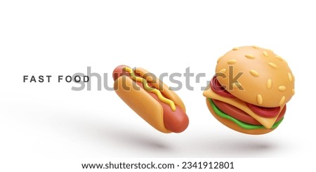 3d realistic Hot Dog and Hamburger on white background. Vector illustration.