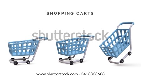 3d realistic set of blue shopping carts isolated on white background. Vector illustration.