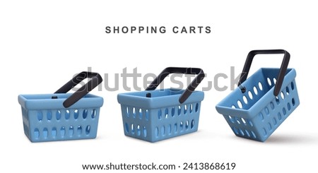 3d Set of blue shopping carts isolated on white background. Vector illustration.